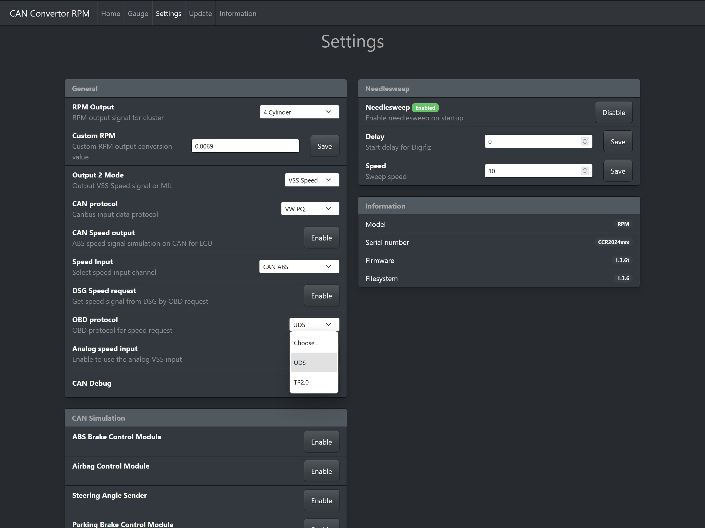 CAN Convertor RPM   Settings Configuration